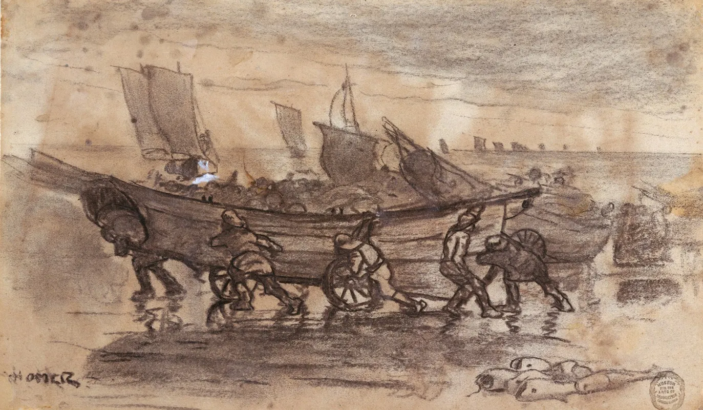 Fishermen Beaching A Dory Cullercoats England Wall Art by Winslow Homer - High-Resolution Digital Print