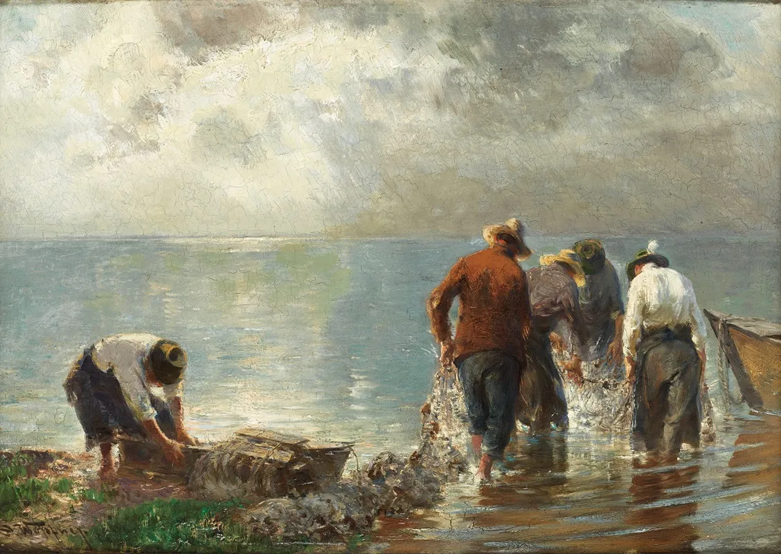 Fishermen Hauling In Nets On Lake Chiemsee Wall Art by Josef Wopfner - High-Resolution Digital Print