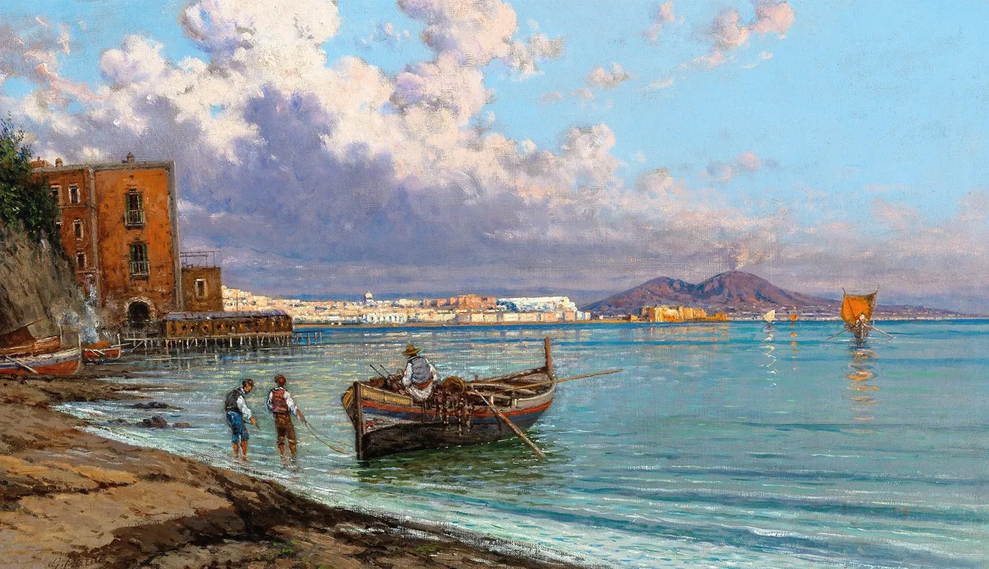 Fishermen In Naples With Vesuvius In The Background