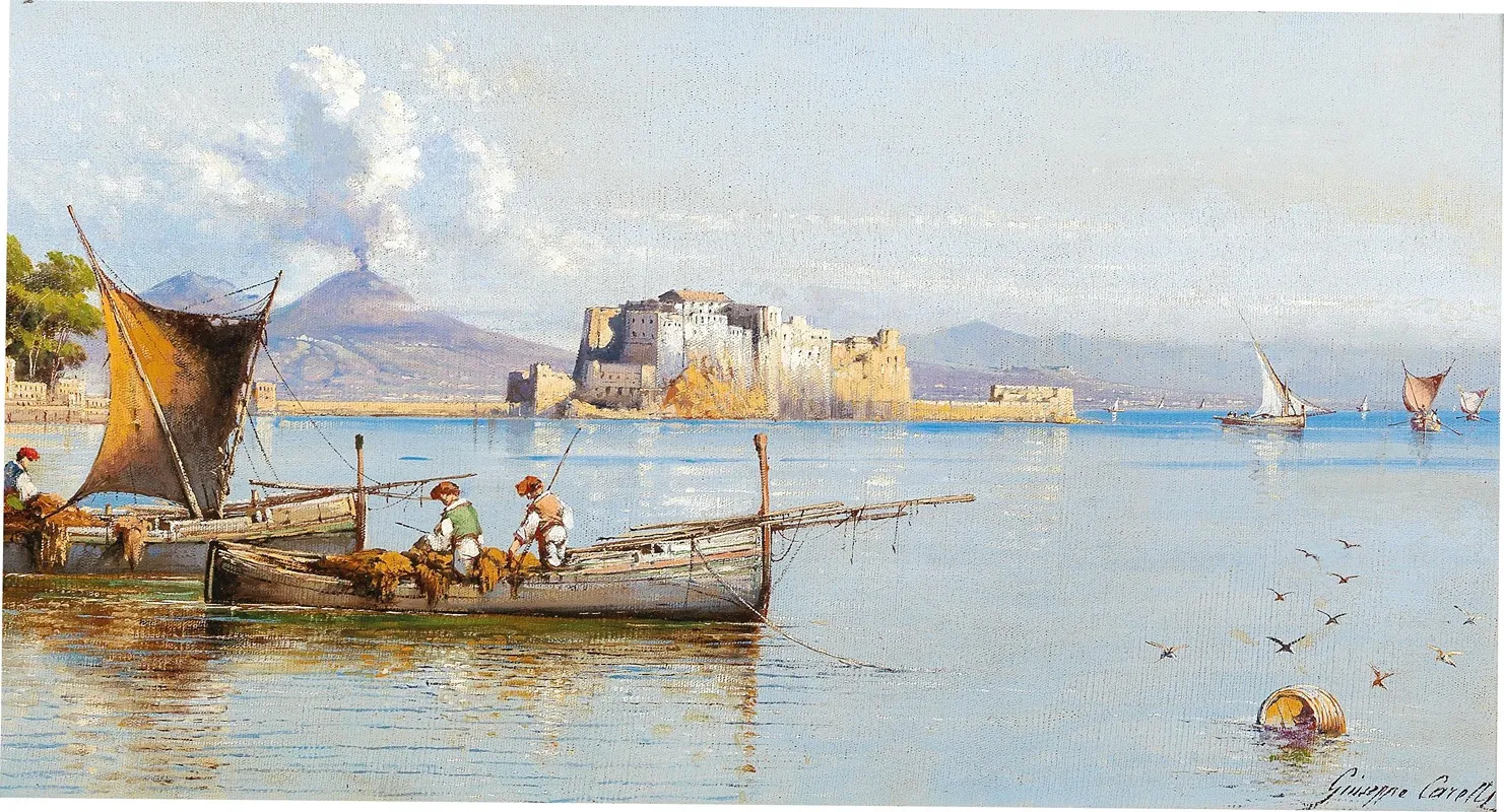 Fishermen In The Gulf Of Naples Vesuvius In The Background