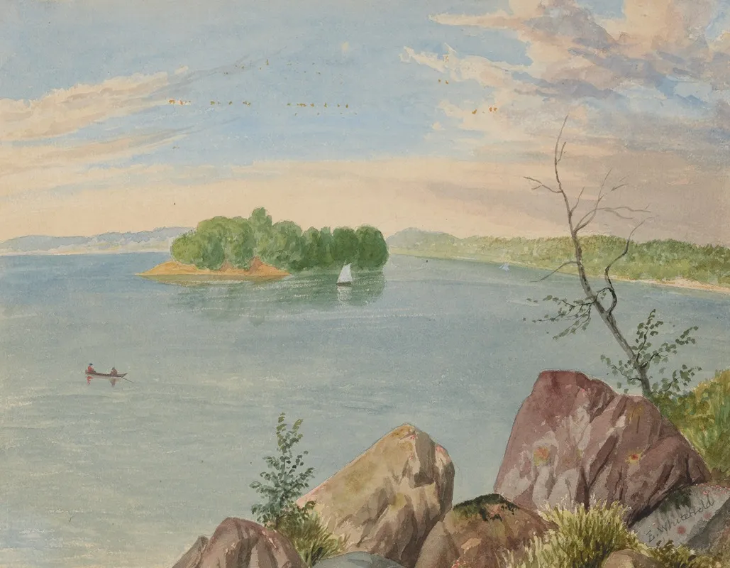Fishermen On Lake With Sailboat Wall Art by Edwin Whitefield - High-Resolution Digital Print