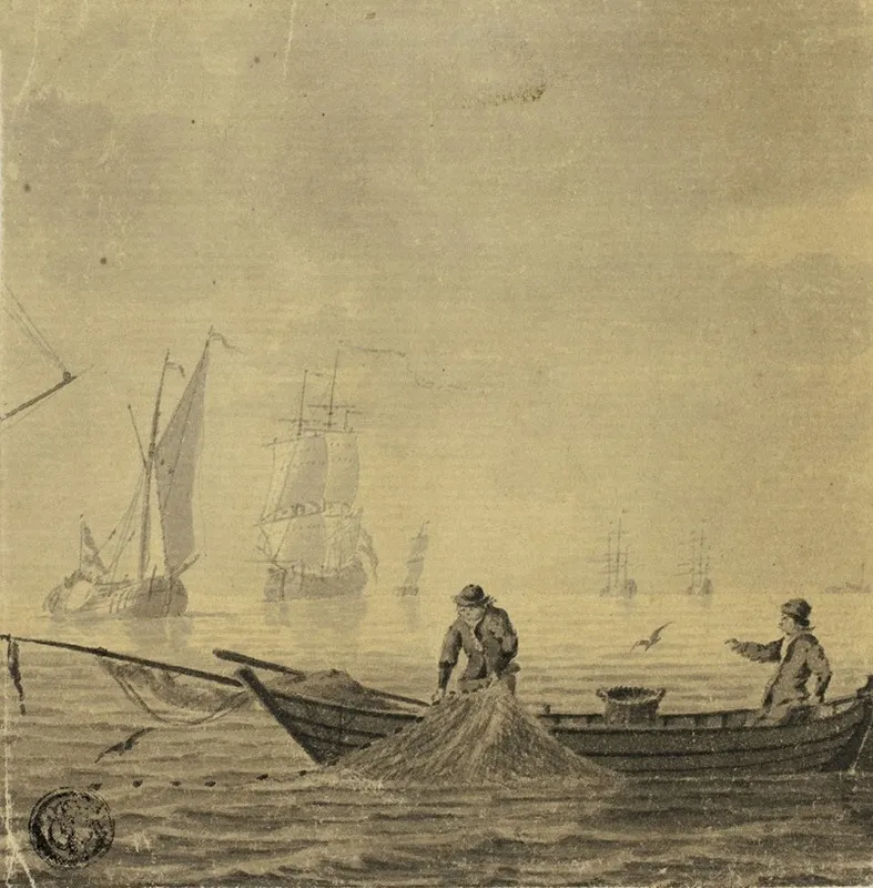 Fishermen Pulling In Net On A Boat Wall Art by Cornelis de Grient - High-Resolution Digital Print