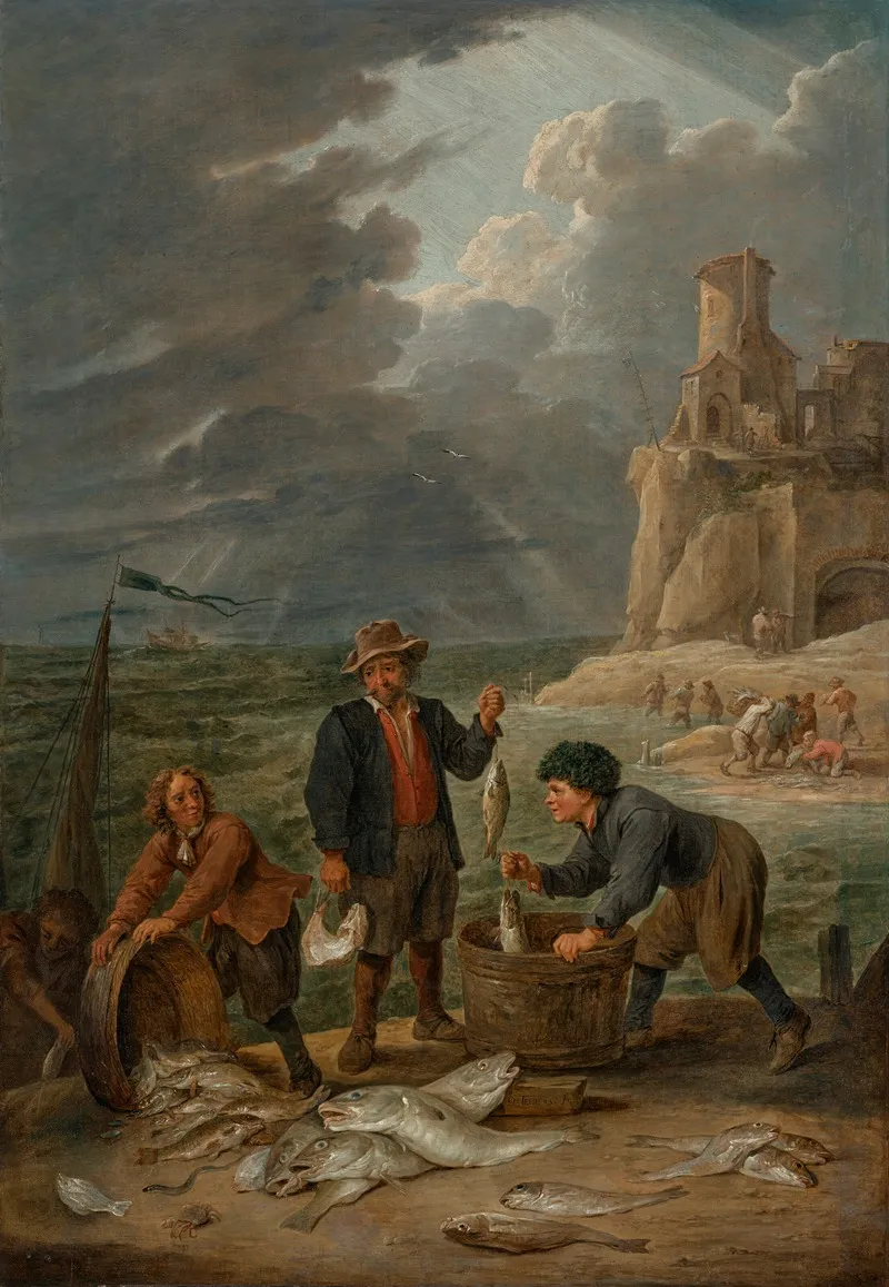Fishermen Returning To Shore With Their Catch In The Background Other Fisherman Beneath A Lighthouse On A Cliff Wall Art by David Teniers The Younger - High-Resolution Digital Print