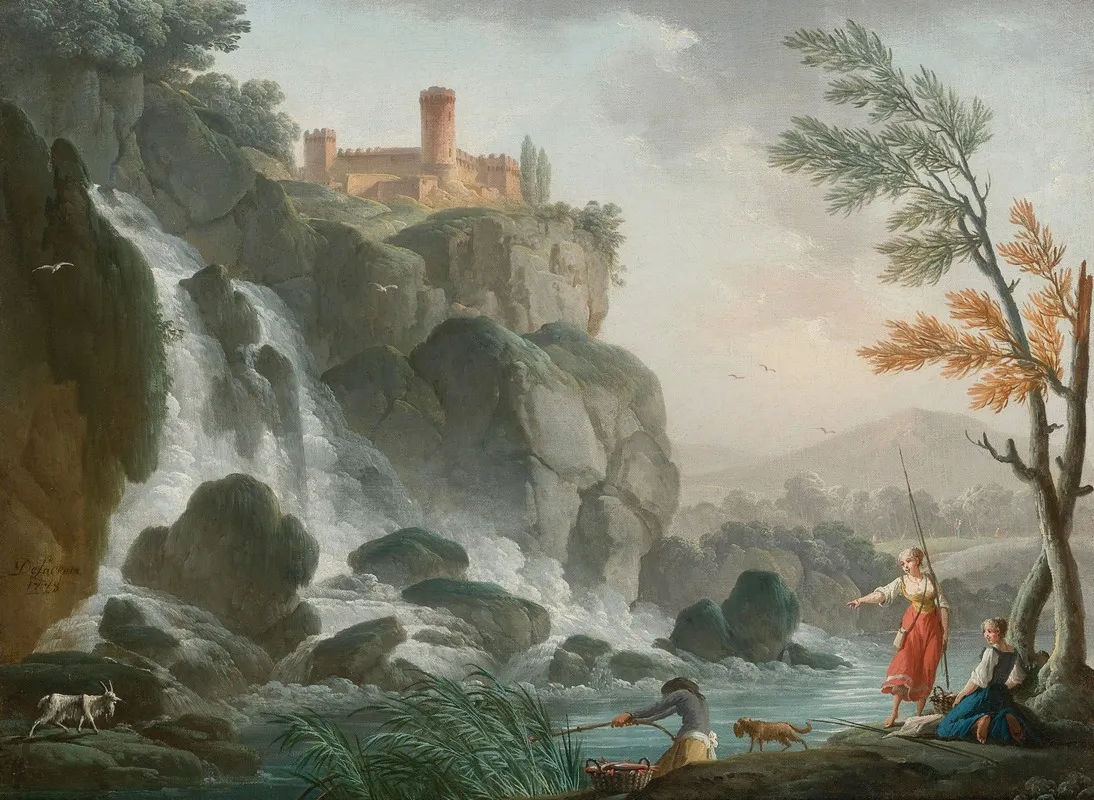 Fishing At The Edge Of A River With A Waterfall Below A Castle Wall Art by Charles-François Grenier De Lacroix - High-Resolution Digital Print