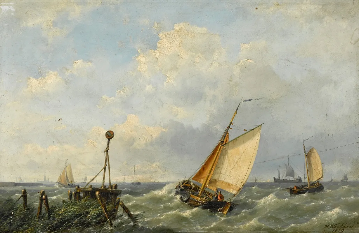 Fishing Boats In A Stiff Breeze Offshore Wall Art by Hermanus Koekkoek the Younger - High-Resolution Digital Print