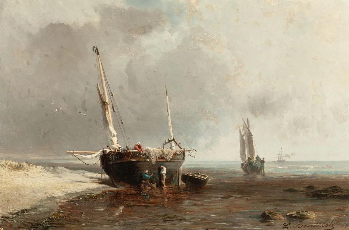 Fishing Boats On The Shore At Low Tide Wall Art by Louis Bentabole - High-Resolution Digital Print
