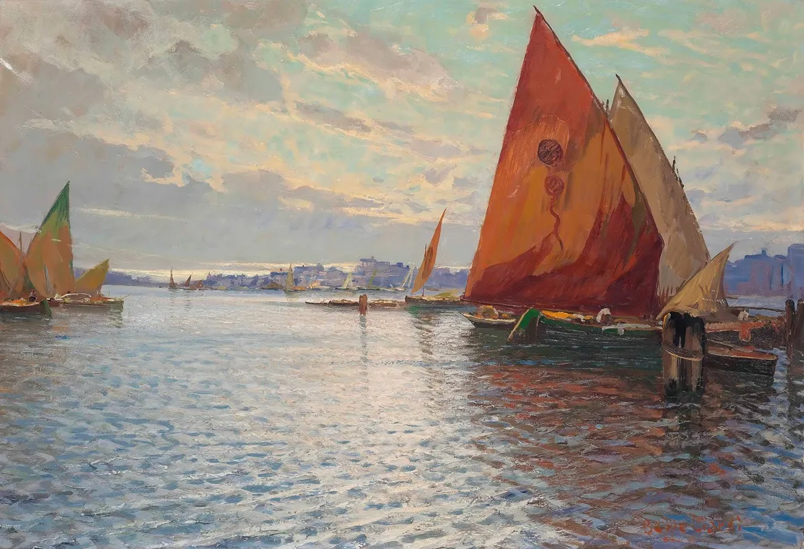 Fishing Vessels Moored Off An Italian Town At Dusk