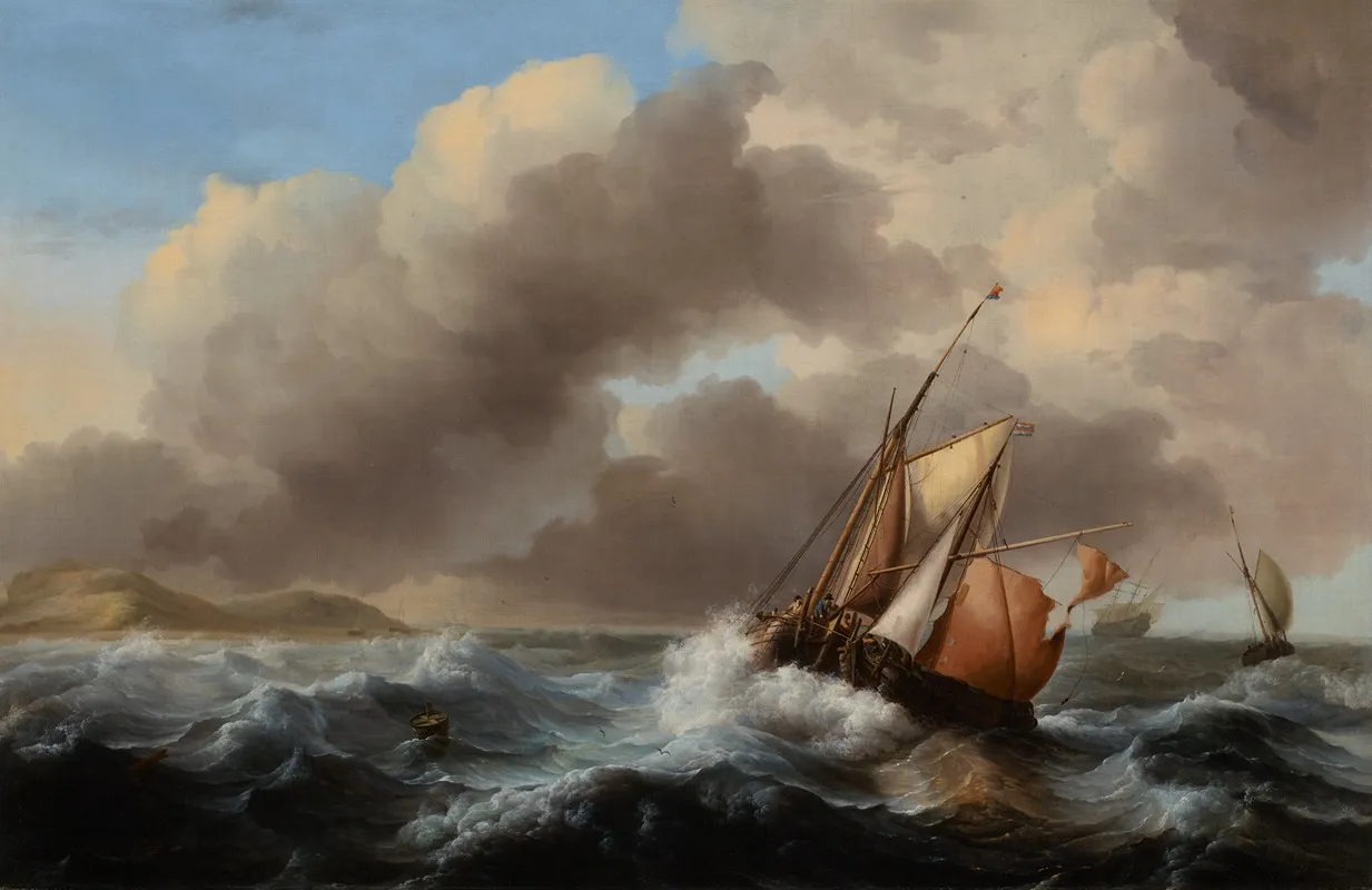 Fishing Vessels Offshore In A Heavy Sea Wall Art by Follower of Ludolf Backhuysen - High-Resolution Digital Print
