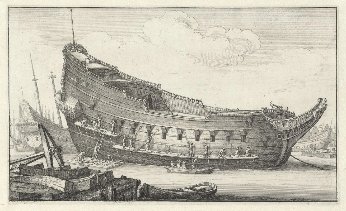 Fitting Out A Hull Men On Scaffolds And Ladders Working To Fit Hull Of Ship In The Centre