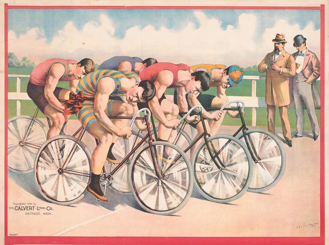 Five Bicyclists Racing Wall Art by Calvert Litho. Co - High-Resolution Digital Print