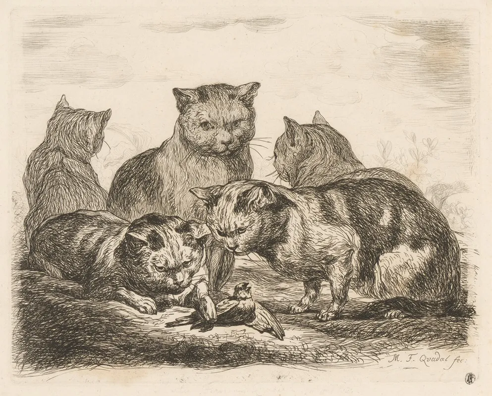 Five Cats And A Bird Wall Art by Martin Ferdinand Quadal - High-Resolution Digital Print