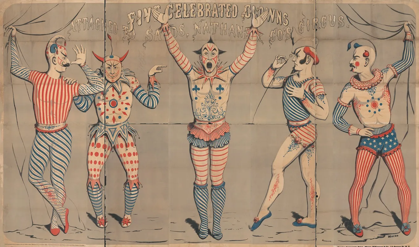 Five Celebrated Clowns Attached To Sands Nathans Cos Circus Wall Art by Morse, M'Kenney & Company - High-Resolution Digital Print