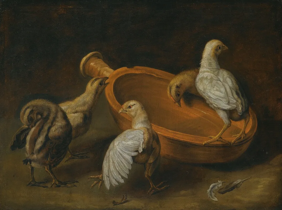Five Chicks Assembled Around A Bowl Of Water Wall Art by Jacobus Victors - High-Resolution Digital Print