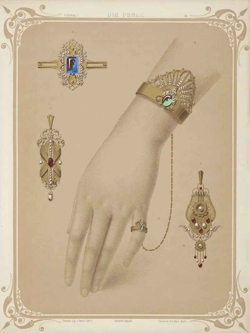 Five Designs For Jewelry Including Bracelet With Diamonds And Green Stones Chained To A Ring