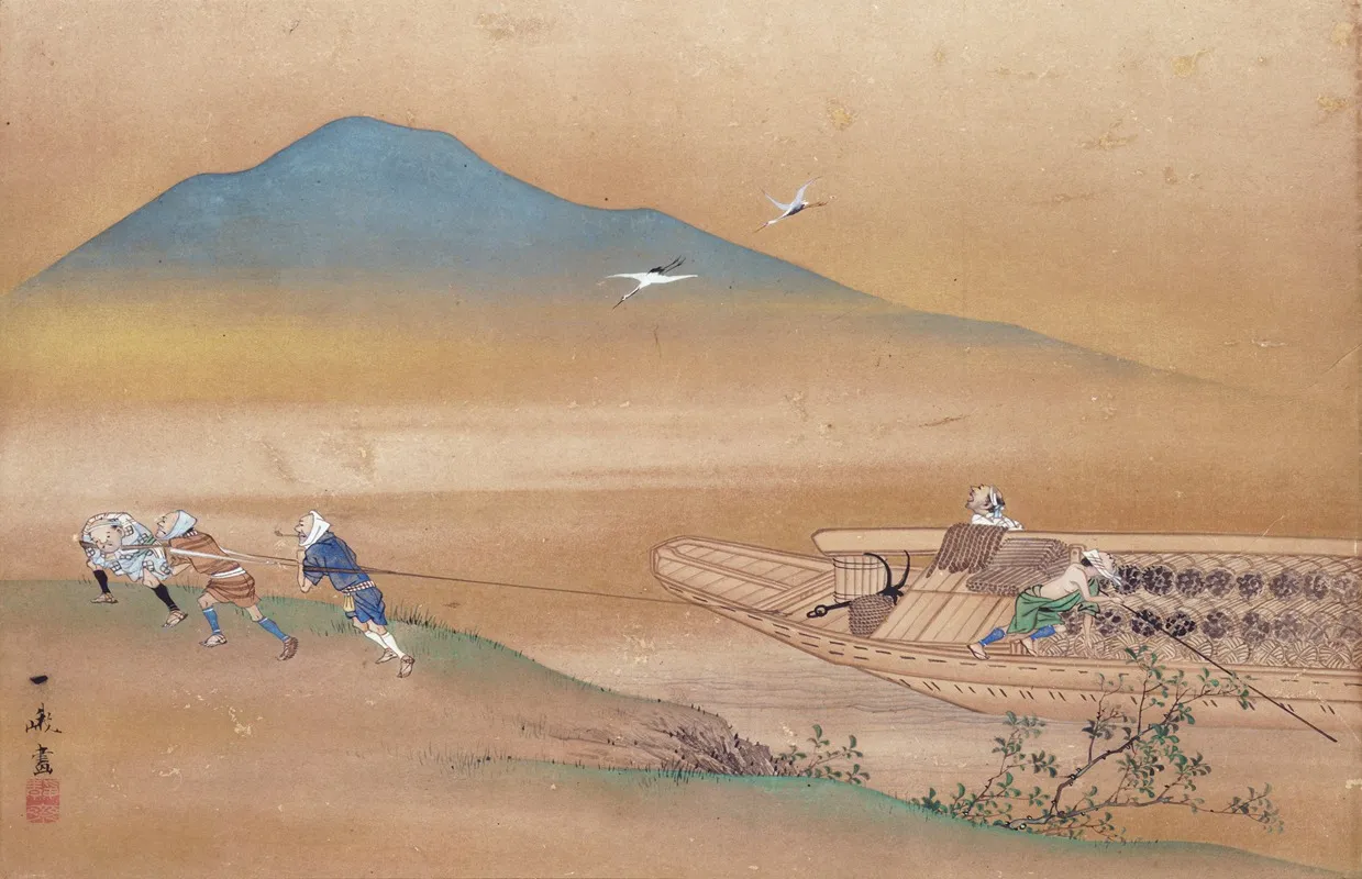 Five Figures Pulling A Boat Wall Art by Oki Ichiga - High-Resolution Digital Print
