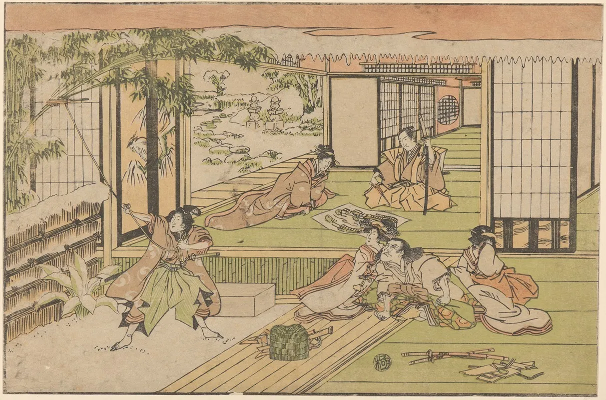 Five Figures Watching Man Roping A Bamboo
