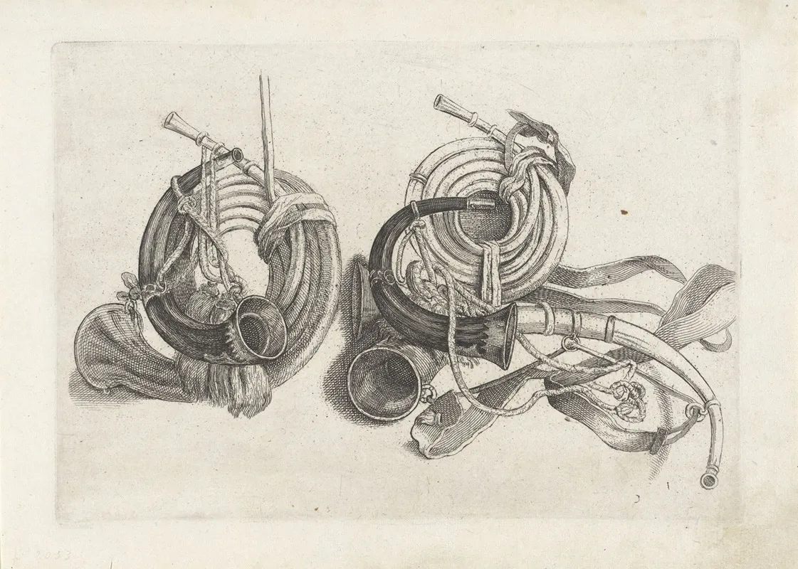 Five Hunting Horns Of Various Shapes With Cords And Straps Attached Two At Left And Three At Right
