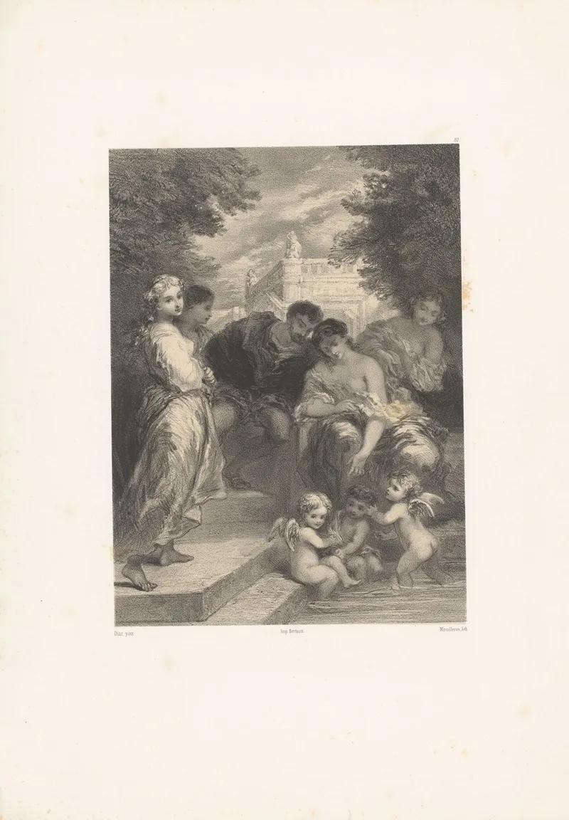 Five People Sitting By A Pond In Which Three Angels Are Bathing