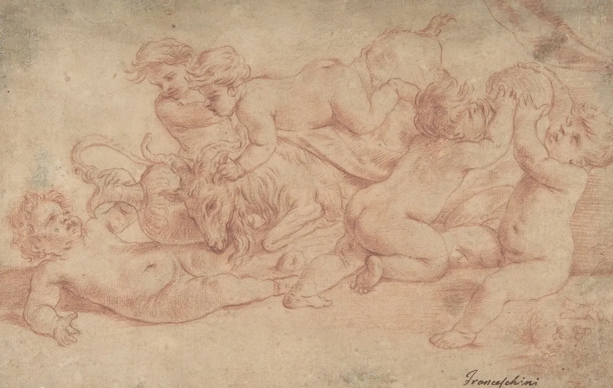 Five Putti Playing With A Goat Bacchanalia Wall Art by Carlo Cignani - High-Resolution Digital Print