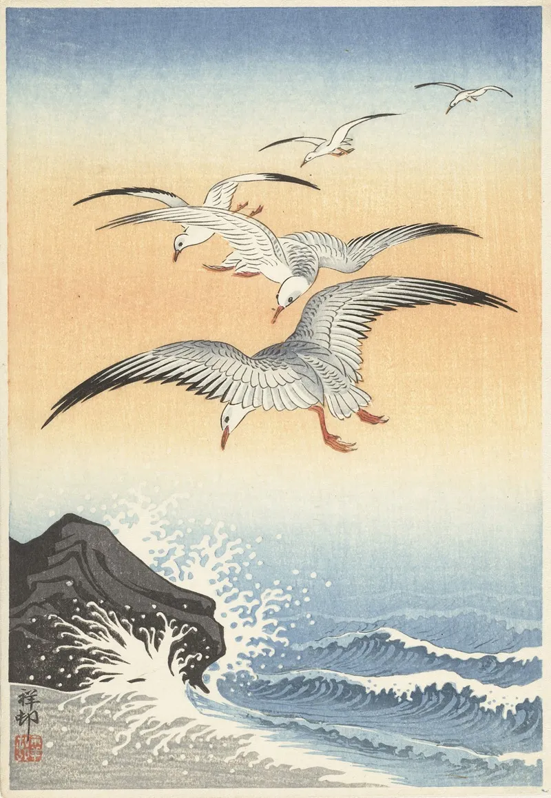 Five Seagulls Above Turbulent Sea Wall Art by Ohara Koson - High-Resolution Digital Print