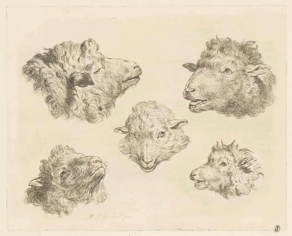 Five Sheep Heads Wall Art by Martin Ferdinand Quadal - High-Resolution Digital Print