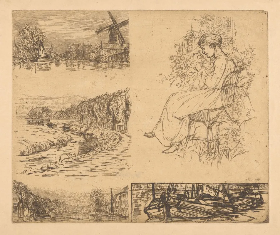 Five Studies Of Landscapes And A Seated Woman Wall Art by Johannes Löhr - High-Resolution Digital Print