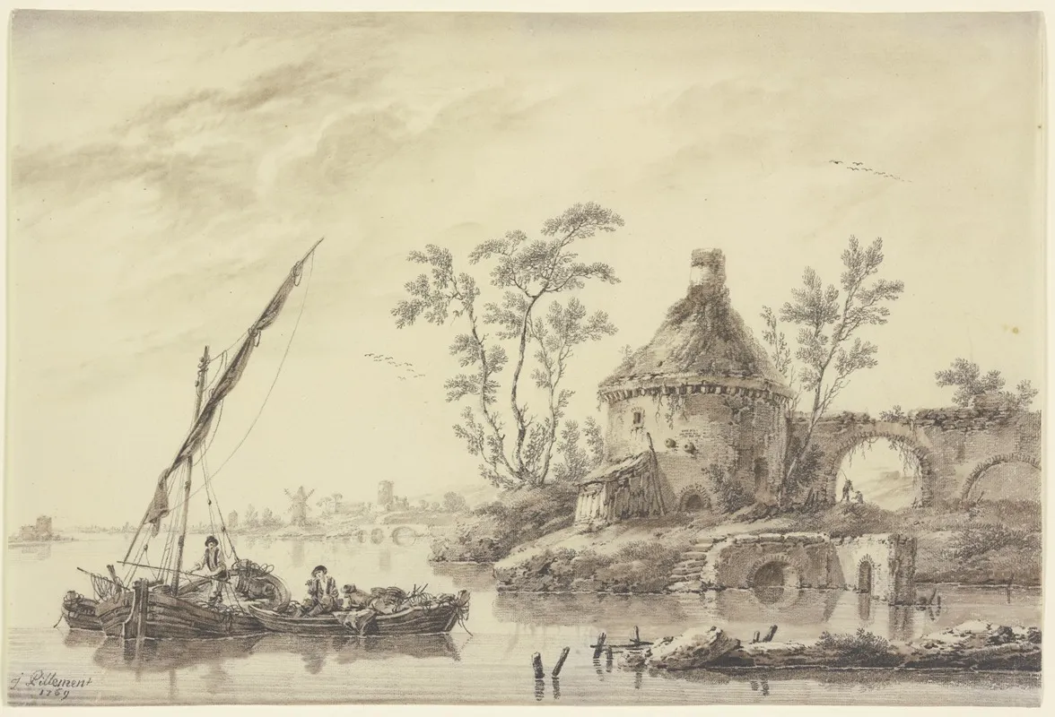 Flache Kustenlandschaft Mit Einem Alten Turm Und Windmuhle