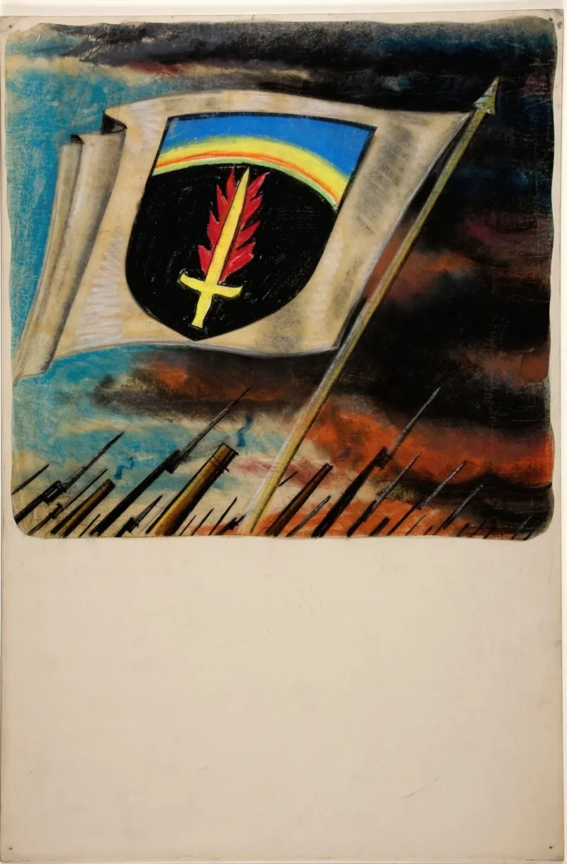 Flag With Flaming Sword On Shield Motif