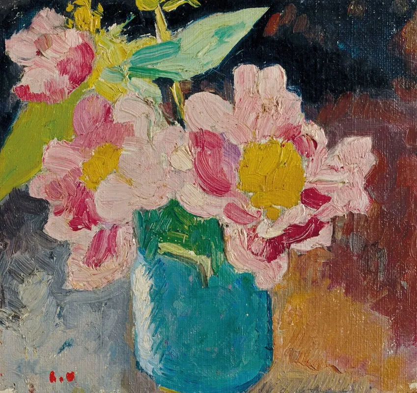 Fleurs Roses Aux Coeurs Jaunes Vase Bleu Wall Art by Louis Valtat - High-Resolution Digital Print