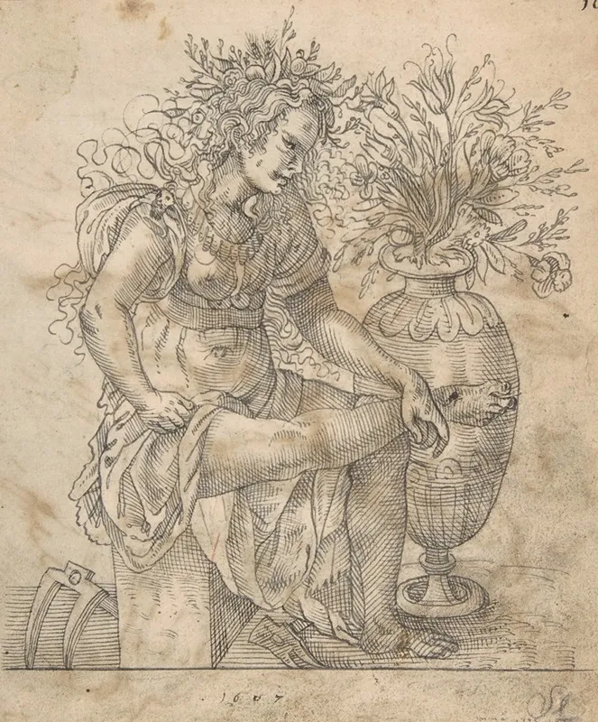 Flora Seated By A Vase With Two Harks On The Ground After Jost Amman