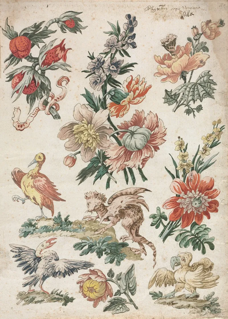 Floral Designs With Birds And Griffon Wall Art by Giacomo Cavenezia - High-Resolution Digital Print