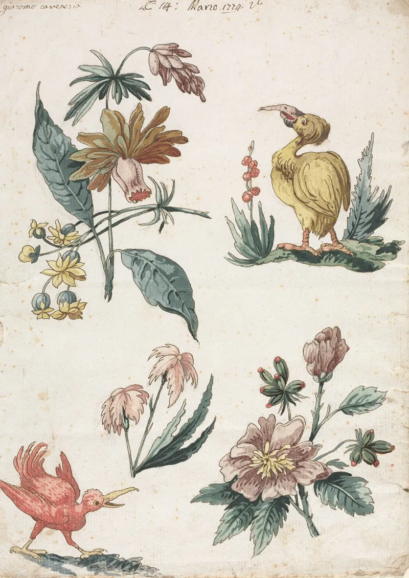 Floral Designs With Two Birds Wall Art by Giacomo Cavenezia - High-Resolution Digital Print