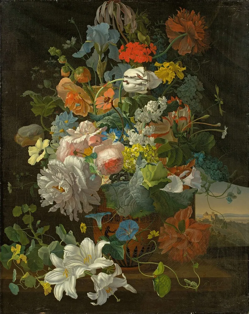Floral Still Life With A View Of Castel Gandolfo Wall Art by Gottlob Michael Wentzel   - High-Resolution Digital Print