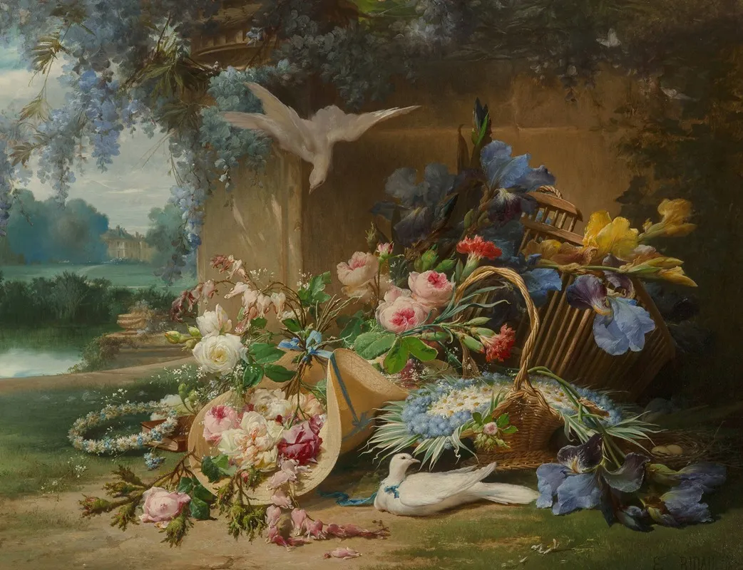 Floral Still Life With Doves And Wisteria In The Gardens Of A Country Estate Wall Art by Eugène Bidau - High-Resolution Digital Print