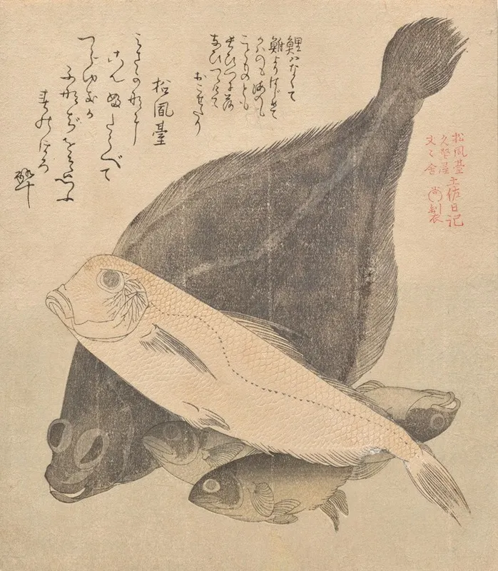 Flounder Tilefish And Three Crucian Carp From The Series Tosa Diary Tosa Nikki