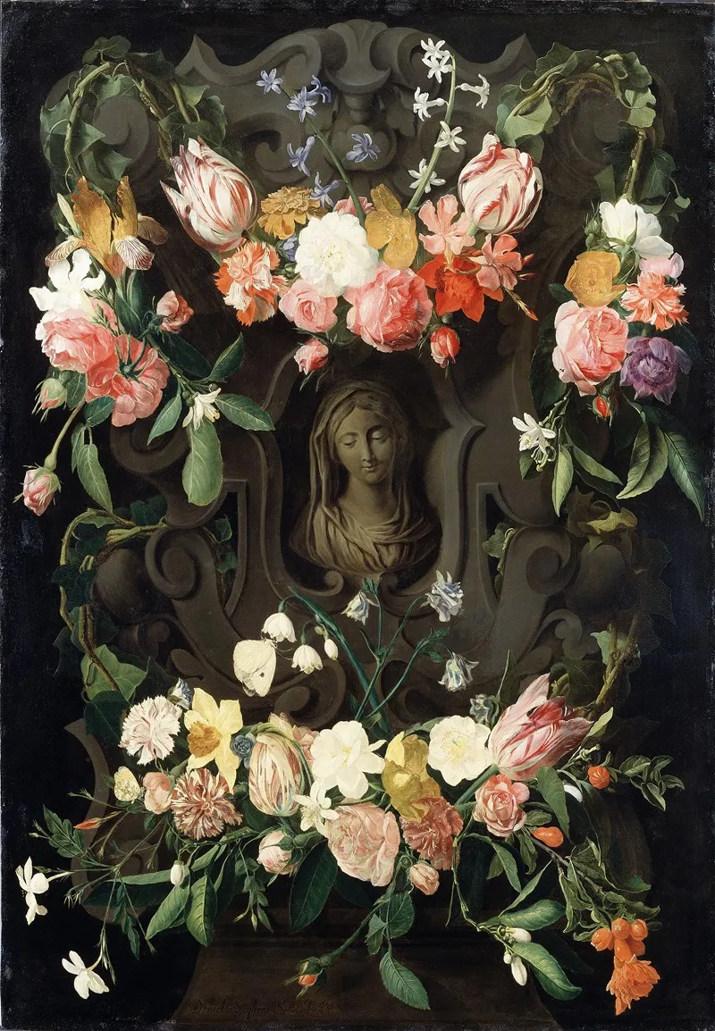 Flower Around A Cartouche With An Image Of The Virgin Wall Art by Daniel Seghers - High-Resolution Digital Print
