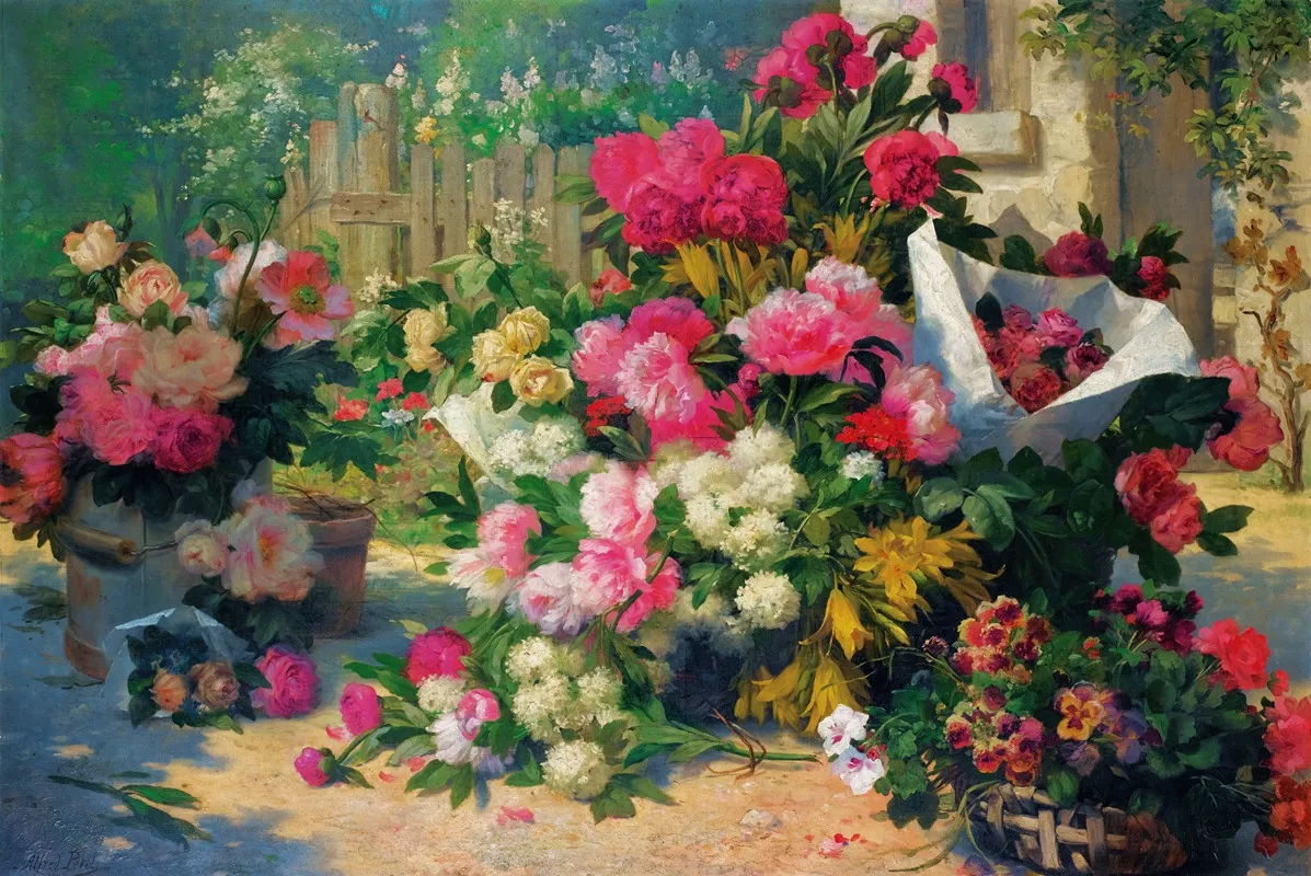 Flower Baskets And Flower Pots In A Garden Wall Art by Alfred Petit - High-Resolution Digital Print