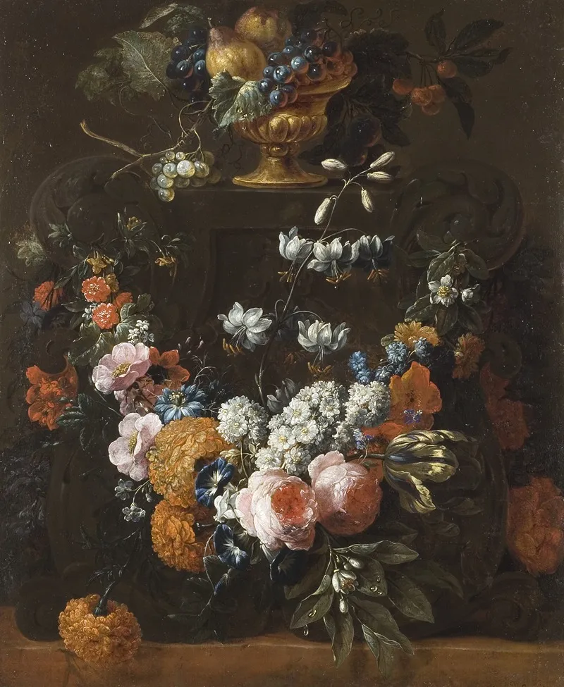 Flower Garland And Gilded Bowl Of Fruit Wall Art by Gaspar Peeter Verbruggen the Younger - High-Resolution Digital Print