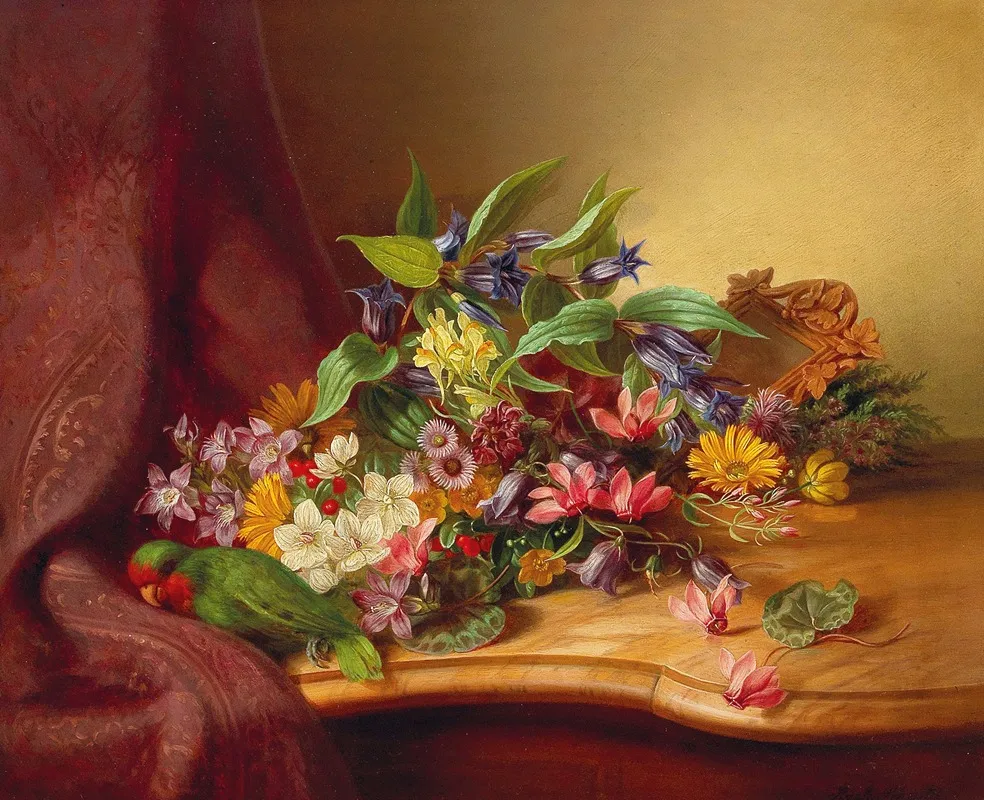 Flower Piece With Parrot Wall Art by Adele Schuster - High-Resolution Digital Print