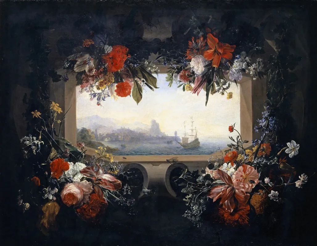 Flower Still Life Cartouche With Garland Inside A View Of A Seaport 2 Wall Art by Johann Rudolf Bys - High-Resolution Digital Print