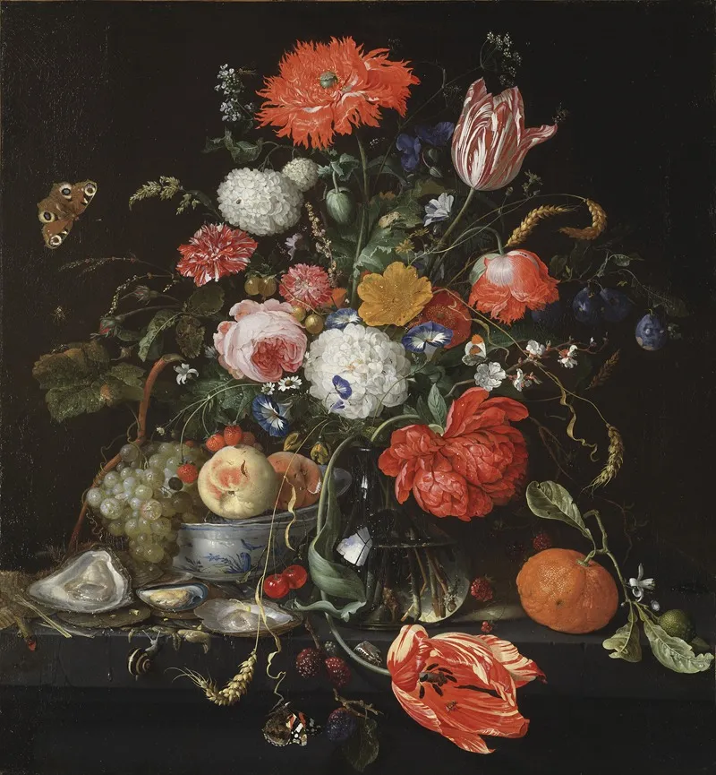 Flower Still Life With A Bowl Of Fruit And Oysters Wall Art by Jan Davidsz de Heem - High-Resolution Digital Print