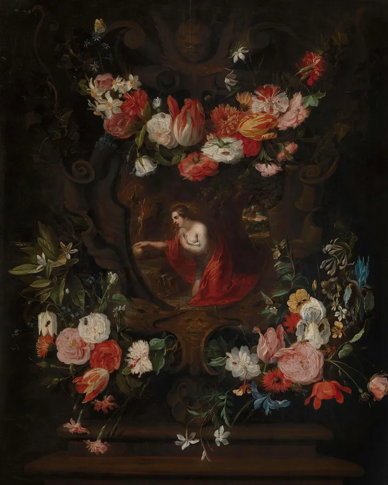 Flower Wreath Frames The Virgin Mary Wall Art by Daniel Seghers - High-Resolution Digital Print