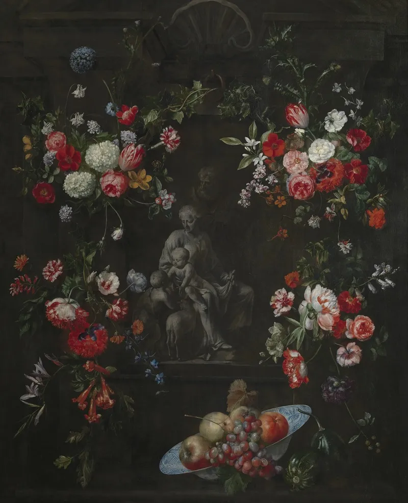 Flower Wreath With The Holy Family Wall Art by Frans Ykens - High-Resolution Digital Print