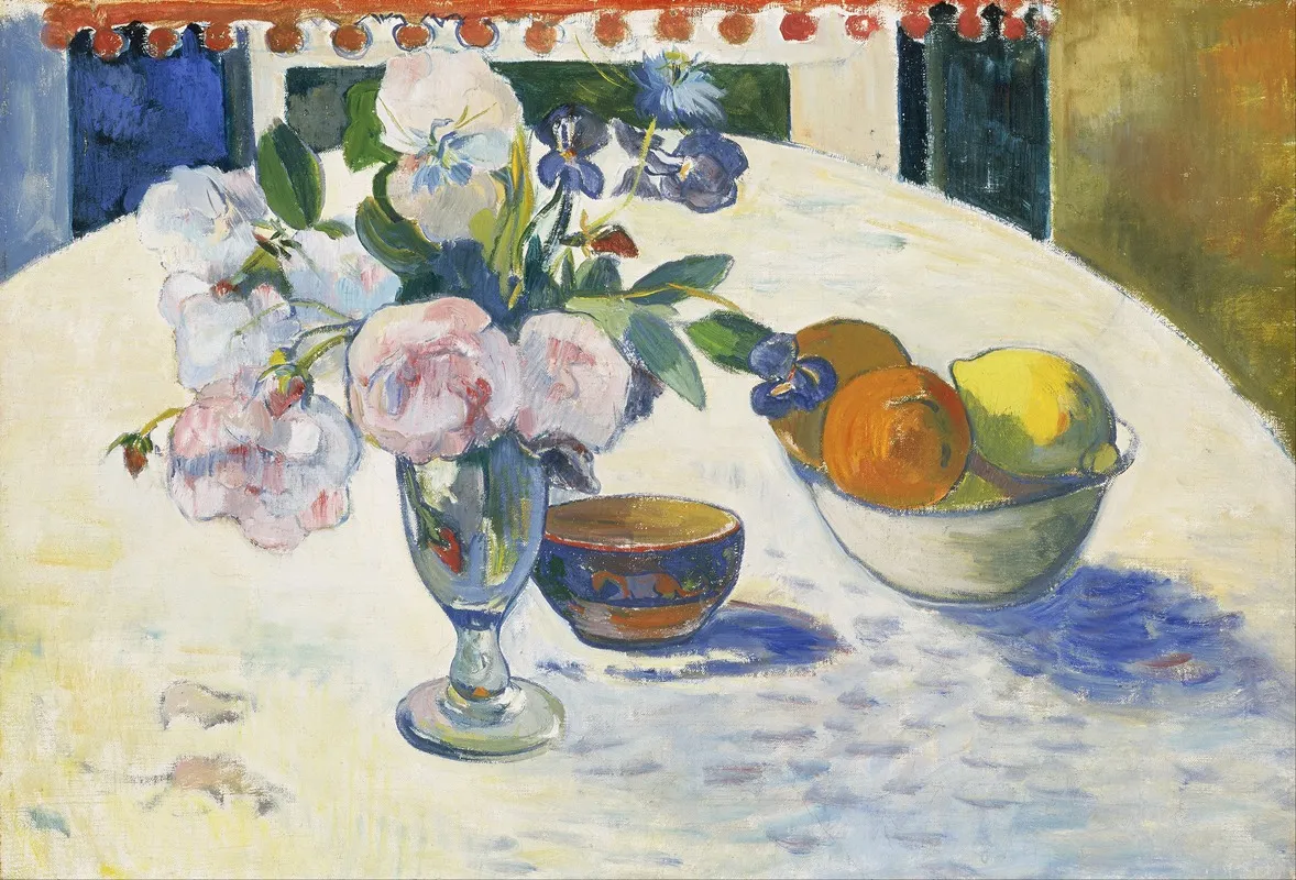 Flowers And A Bowl Of Fruit On A Table Wall Art by Paul Gauguin - High-Resolution Digital Print
