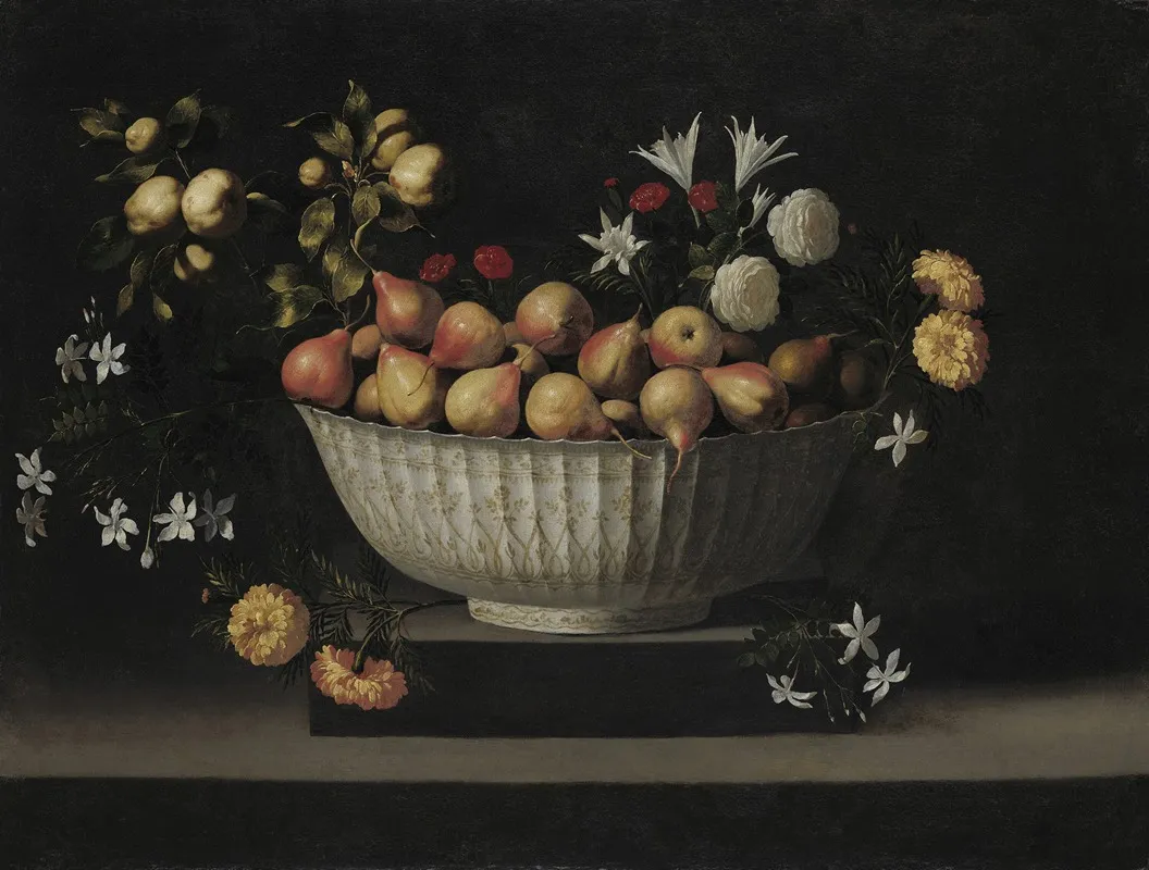 Flowers And Fruit In A China Bowl Wall Art by Juan de Zurbarán - High-Resolution Digital Print
