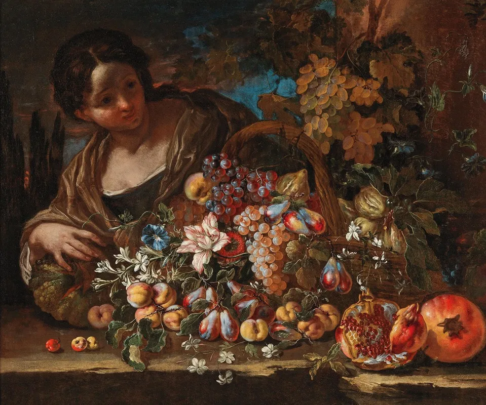 Flowers And Fruit On A Stone Ledge With A Young Woman Wall Art by Giovanni Paolo Castelli - High-Resolution Digital Print