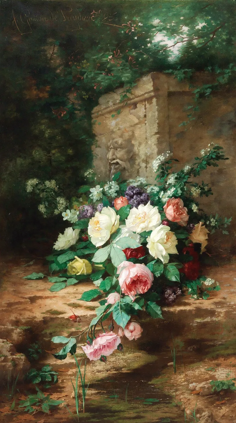 Flowers By An Ancient Fountain Wall Art by Alexandre Gamba de Preydour - High-Resolution Digital Print