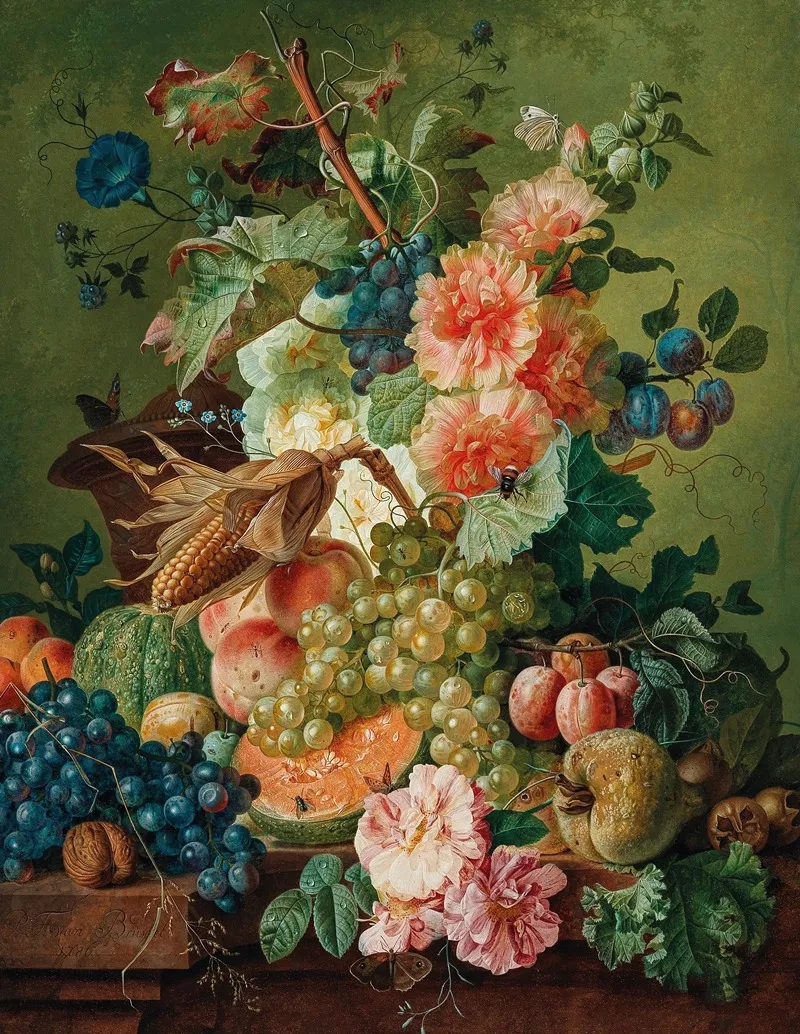 Flowers Fruit And A Corn On The Cob On A Table Ledge Wall Art by Paul Theodor Van Brussel - High-Resolution Digital Print