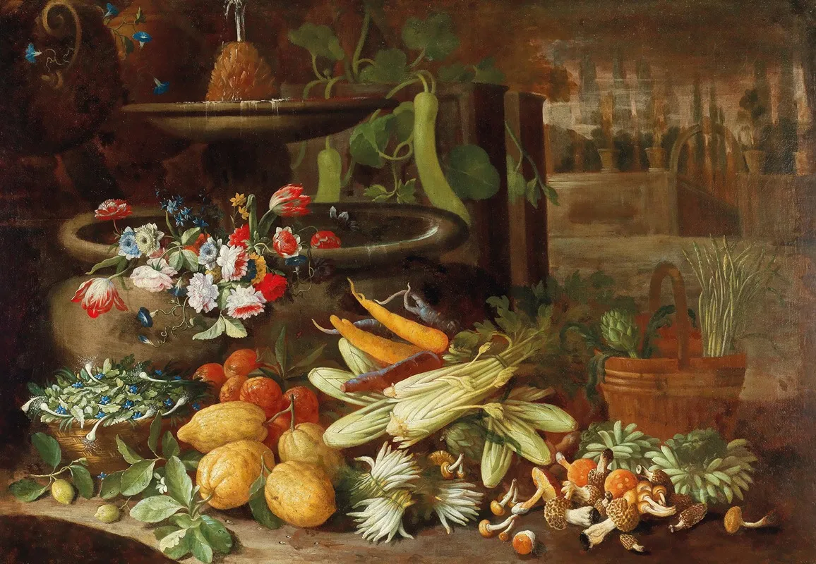 Flowers Fruit And Vegetables With Mushrooms Beside A Fountain In A Villa Garden Wall Art by Francesco della Questa - High-Resolution Digital Print