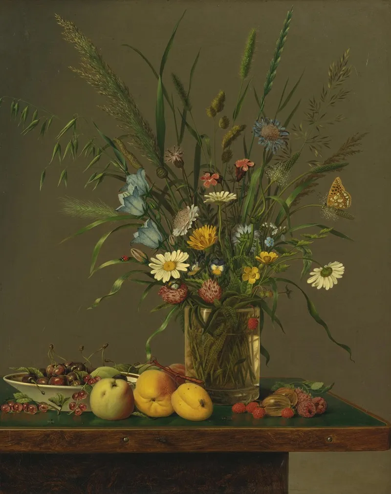 Flowers In A Glass Vase And An Arrangement Of Fruit Wall Art by Anton Hartinger - High-Resolution Digital Print